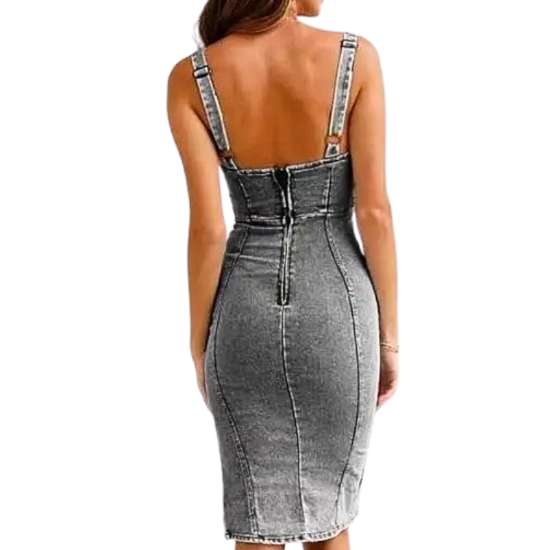 CAMILLE | SLIM FIT DENIM SIDE SLIT MIDI DRESS