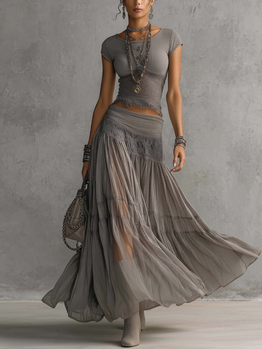 MARLEY | LACE-PANELED TOP AND PLEATED MAXI SKIRT SET