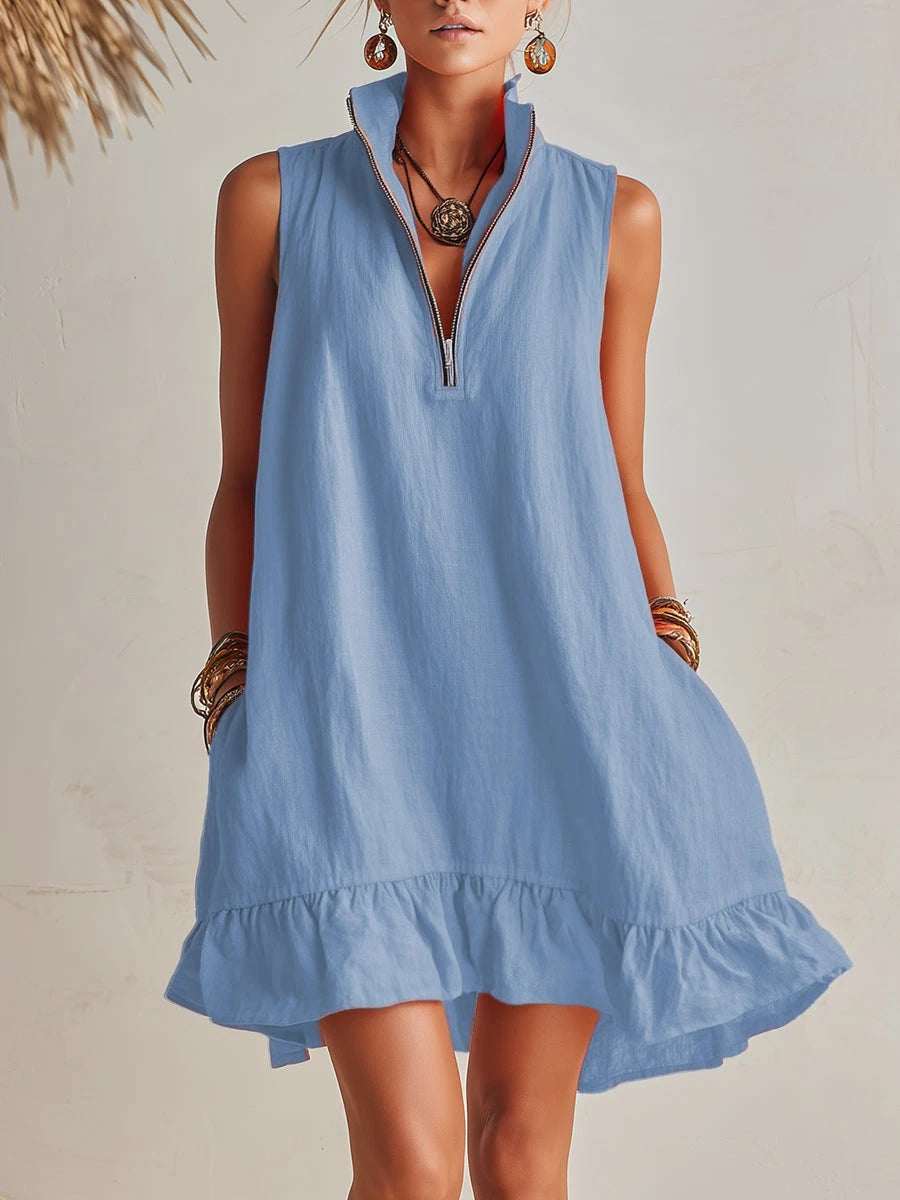 TESSA | COTTON-LINEN HALF-ZIP MINI DRESS