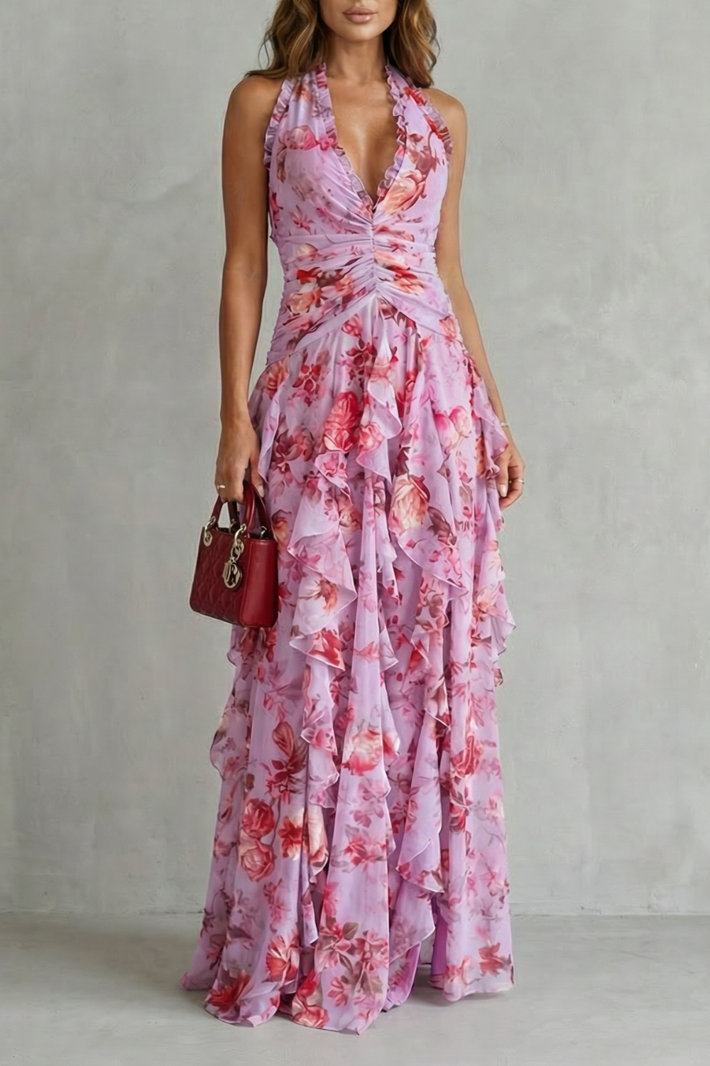 BELLADINA | ROMANTIC ROSE CASCADE - HALTER MAXI DRESS