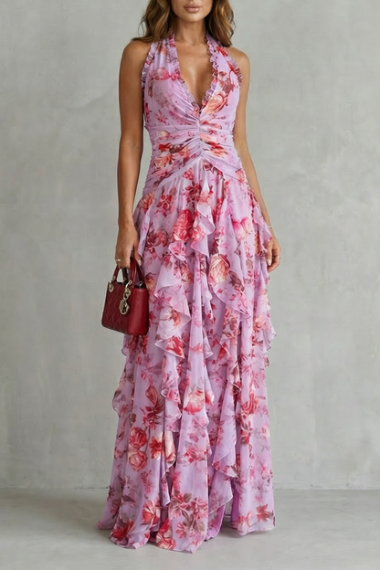 BELLADINA | ROMANTIC ROSE CASCADE - HALTER MAXI DRESS