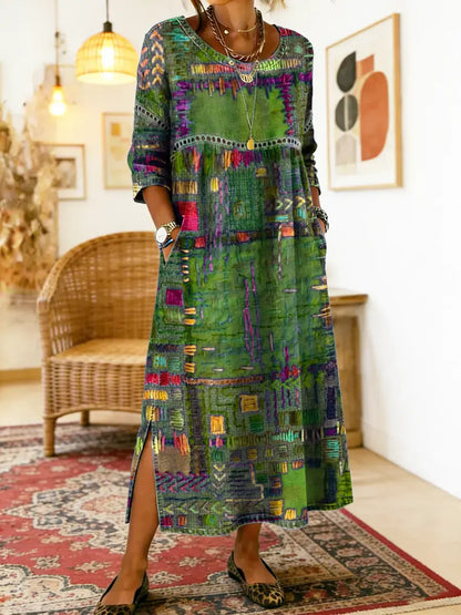 MANUELA | DENIM DRESS WITH ETHNIC PATCHWORK DETAILS