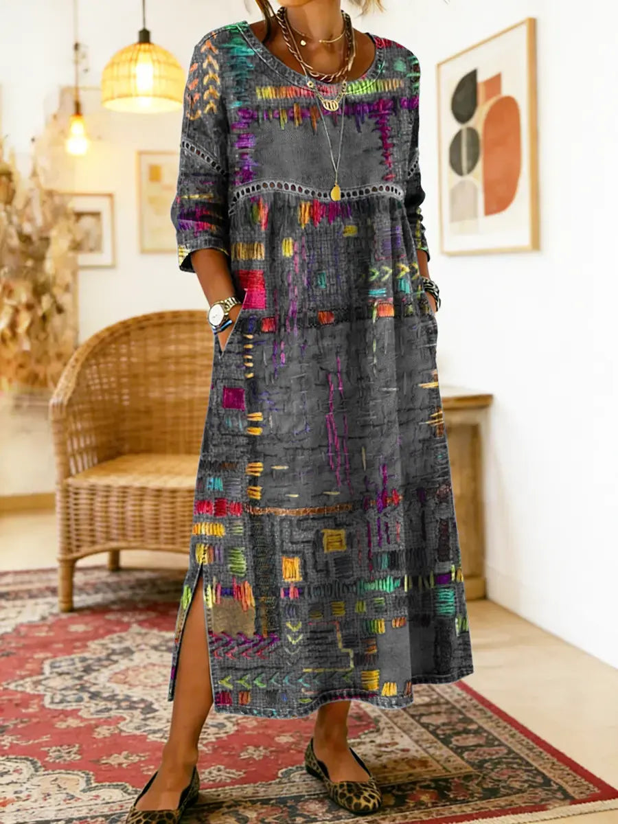 MANUELA | DENIM DRESS WITH ETHNIC PATCHWORK DETAILS