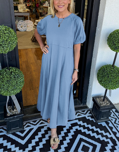 MARIN | CHIC PUFF SLEEVE ROUND NECK MAXI  DRESS