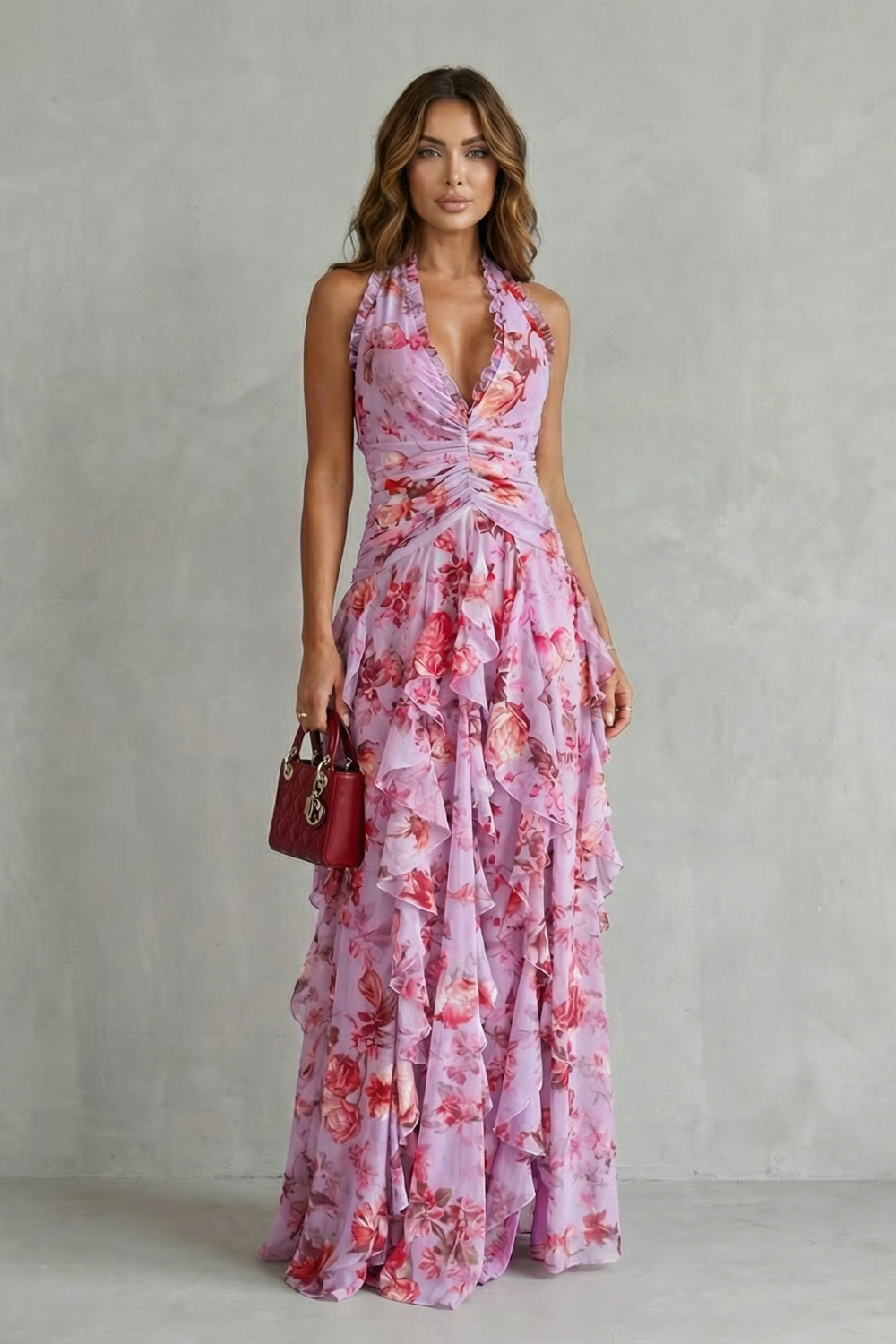 BELLADINA | ROMANTIC ROSE CASCADE - HALTER MAXI DRESS