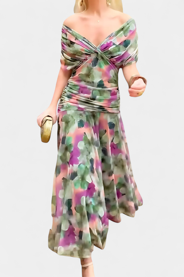 CLAIRE | ELEGANT LONG FLORAL V-NECK FLOW DRESS