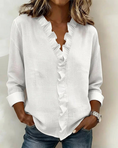 AURELIA | BLOUSE WITH RUFFLES, V-NECK AND LONG SLEEVES
