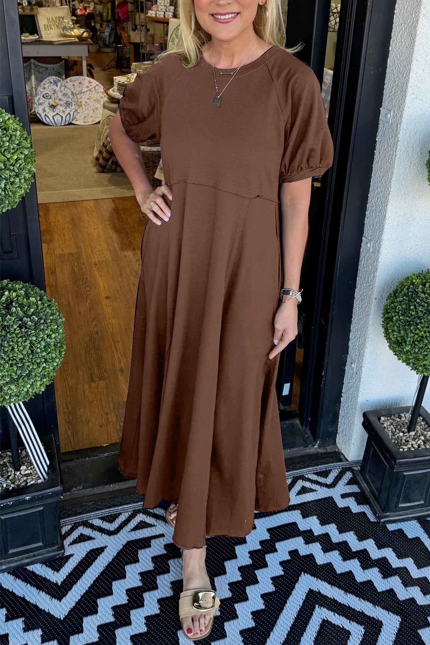 MARIN | CHIC PUFF SLEEVE ROUND NECK MAXI  DRESS