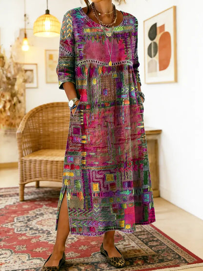 MANUELA | DENIM DRESS WITH ETHNIC PATCHWORK DETAILS