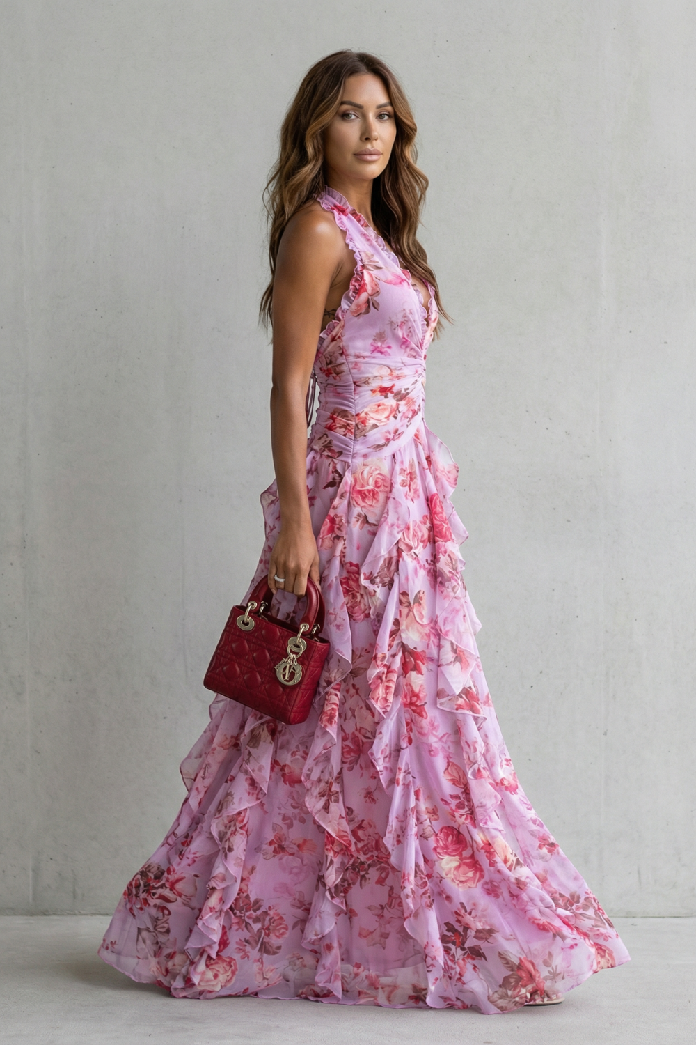 BELLADINA | ROMANTIC ROSE CASCADE - HALTER MAXI DRESS