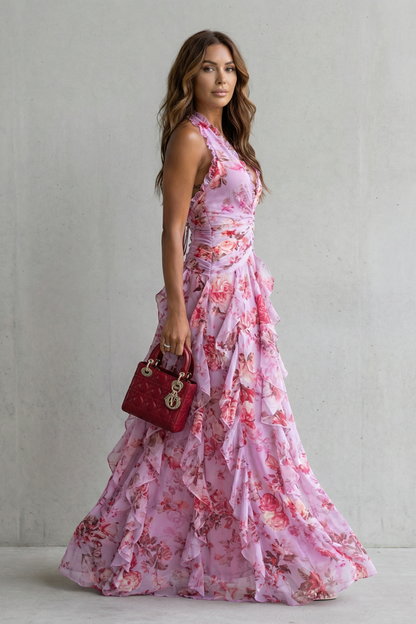 BELLADINA | ROMANTIC ROSE CASCADE - HALTER MAXI DRESS