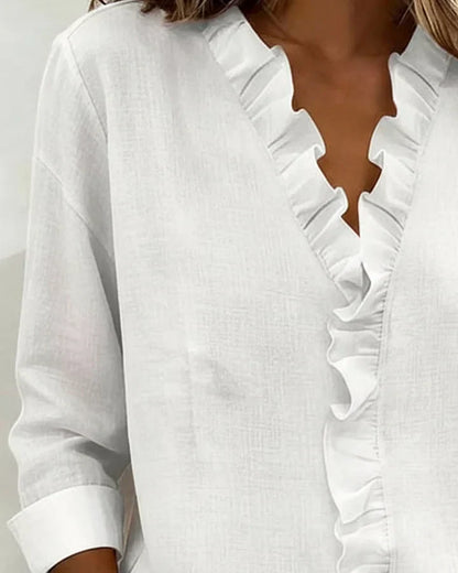 AURELIA | BLOUSE WITH RUFFLES, V-NECK AND LONG SLEEVES