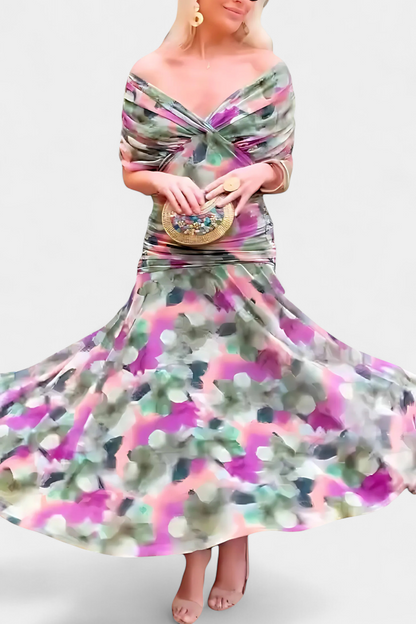 CLAIRE | ELEGANT LONG FLORAL V-NECK FLOW DRESS