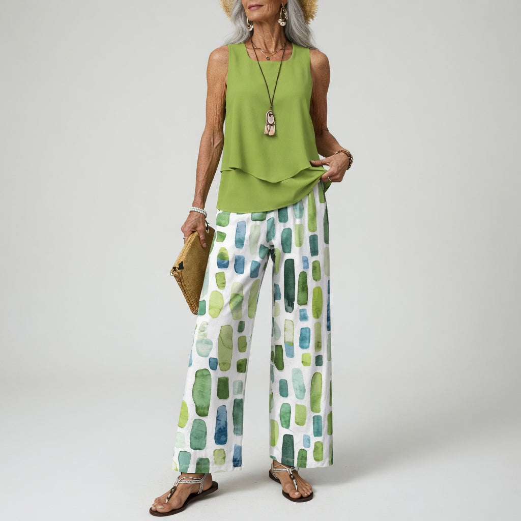 MONA | SLEEVELES TOP AND ARTISTIC PRINTED TROUSERS
