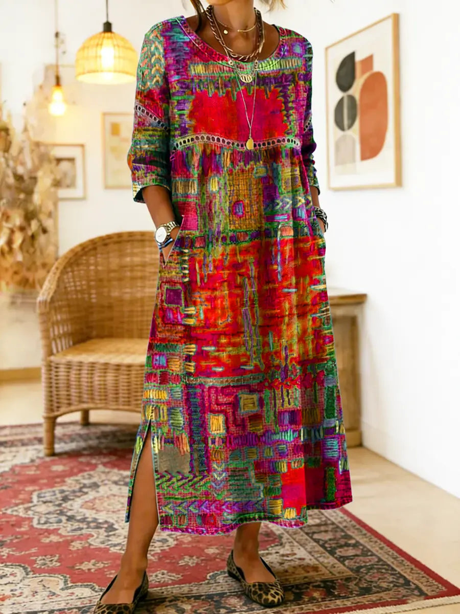 MANUELA | DENIM DRESS WITH ETHNIC PATCHWORK DETAILS