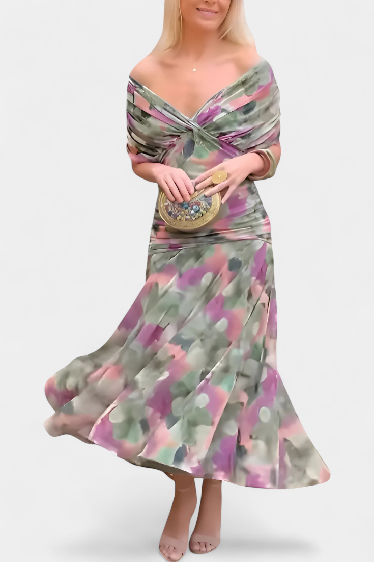 CLAIRE | ELEGANT LONG FLORAL V-NECK FLOW DRESS