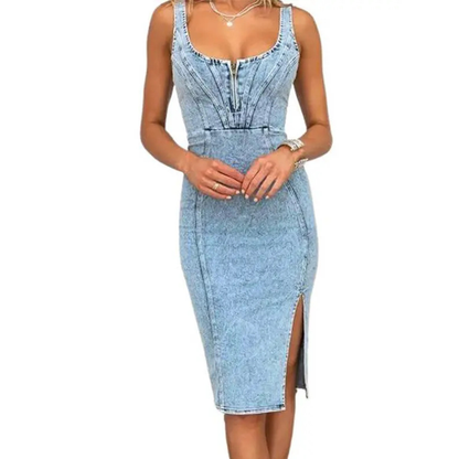 CAMILLE | SLIM FIT DENIM SIDE SLIT MIDI DRESS