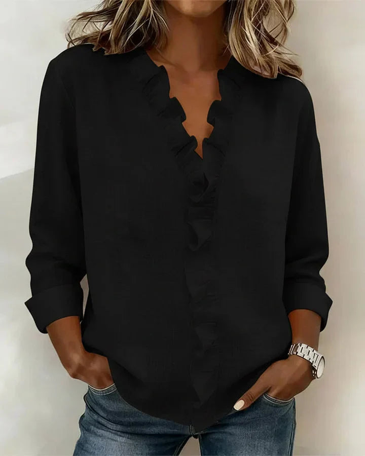 AURELIA | BLOUSE WITH RUFFLES, V-NECK AND LONG SLEEVES