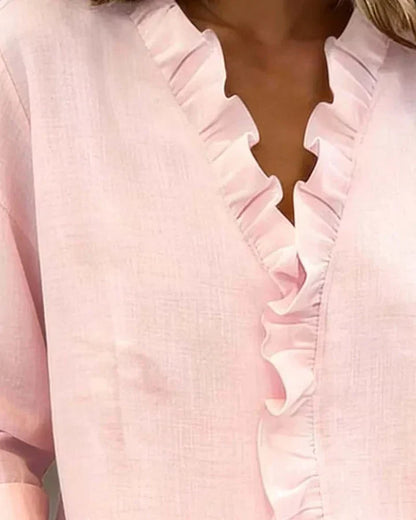 AURELIA | BLOUSE WITH RUFFLES, V-NECK AND LONG SLEEVES