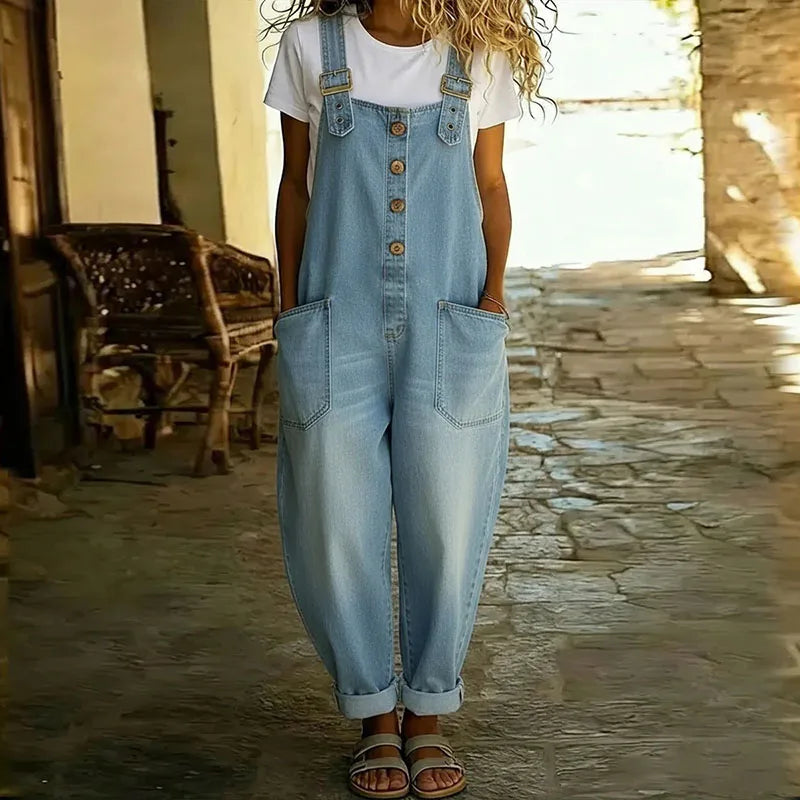 FLORA | VINTAGE SOFT COTTON DENIM-LOOK OVERALL WITH ADJUSTABLE STRAPS