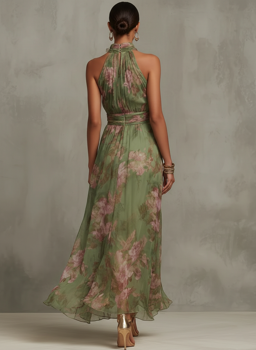 FLORANCE | GREEN FLORAL CHIFFON HALTER MAXI DRESS