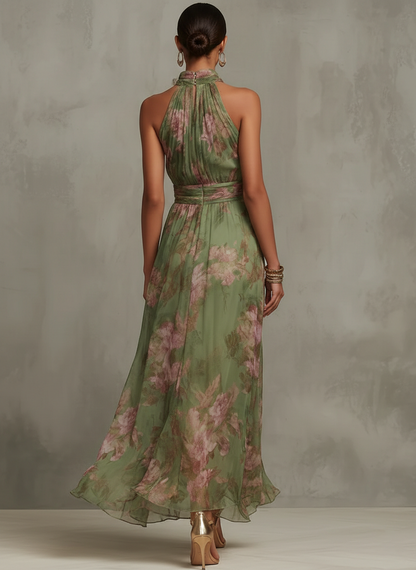FLORANCE | GREEN FLORAL CHIFFON HALTER MAXI DRESS