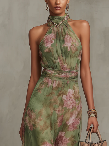 FLORANCE | GREEN FLORAL CHIFFON HALTER MAXI DRESS