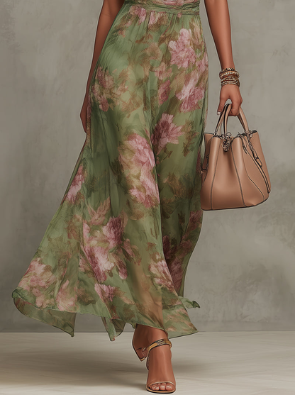 FLORANCE | GREEN FLORAL CHIFFON HALTER MAXI DRESS