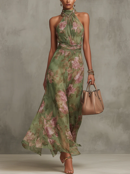 FLORANCE | GREEN FLORAL CHIFFON HALTER MAXI DRESS