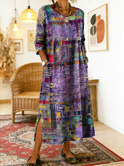 MANUELA | DENIM DRESS WITH ETHNIC PATCHWORK DETAILS