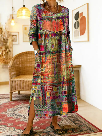 MANUELA | DENIM DRESS WITH ETHNIC PATCHWORK DETAILS