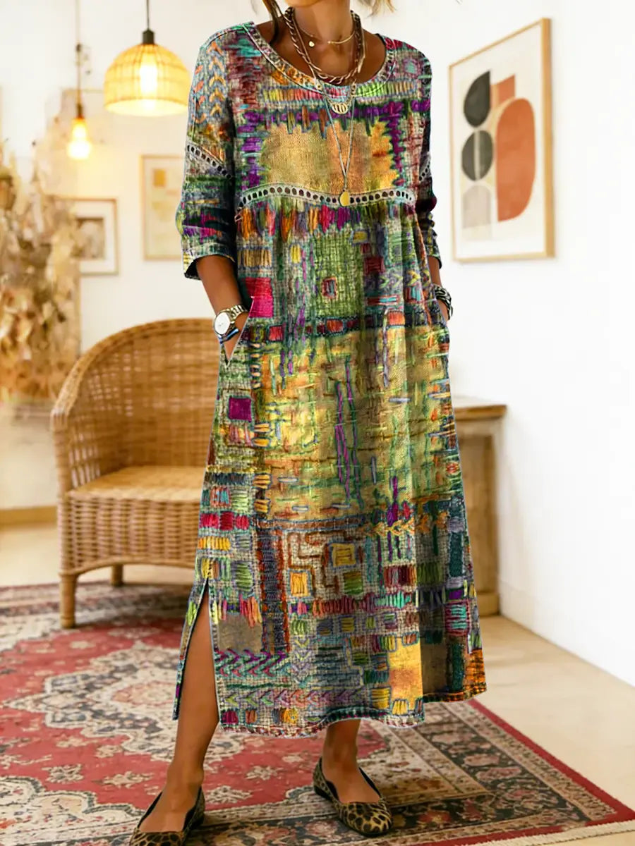 MANUELA | DENIM DRESS WITH ETHNIC PATCHWORK DETAILS
