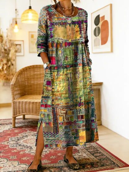 MANUELA | DENIM DRESS WITH ETHNIC PATCHWORK DETAILS
