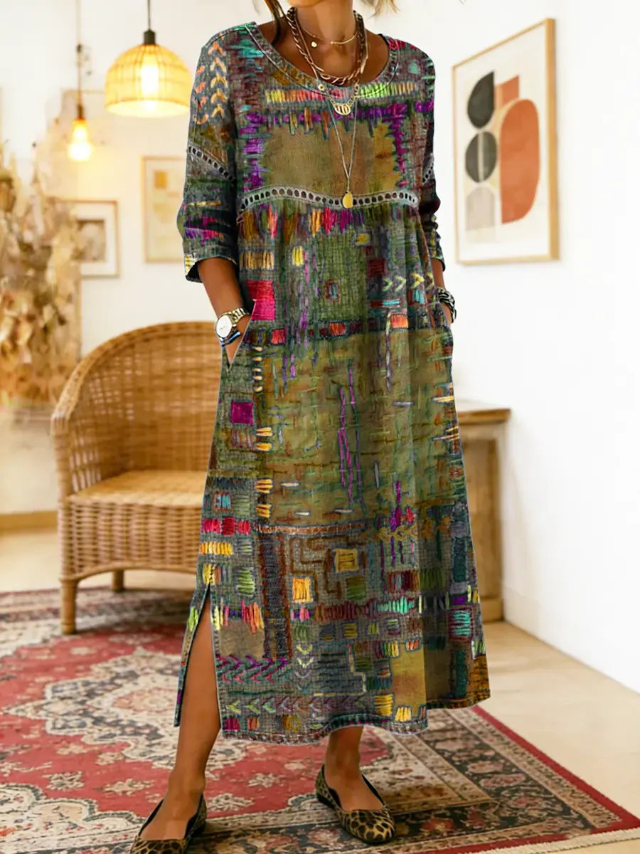MANUELA | DENIM DRESS WITH ETHNIC PATCHWORK DETAILS