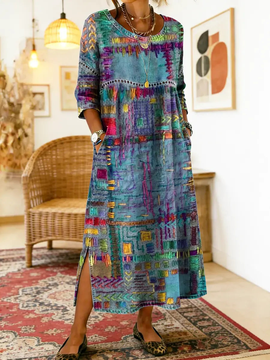 MANUELA | DENIM DRESS WITH ETHNIC PATCHWORK DETAILS