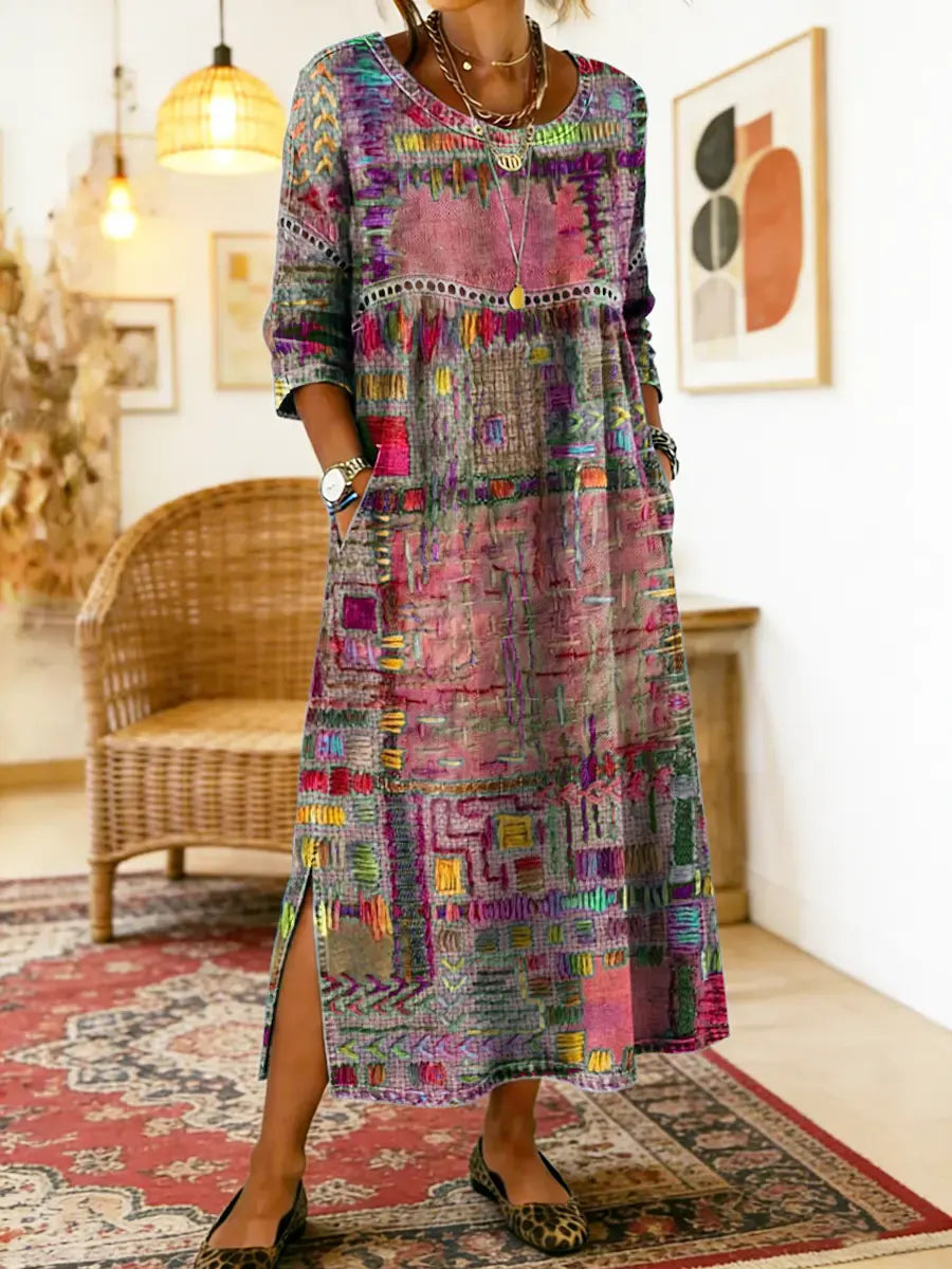 MANUELA | DENIM DRESS WITH ETHNIC PATCHWORK DETAILS