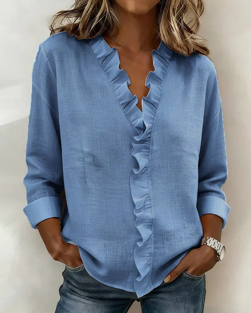 AURELIA | BLOUSE WITH RUFFLES, V-NECK AND LONG SLEEVES