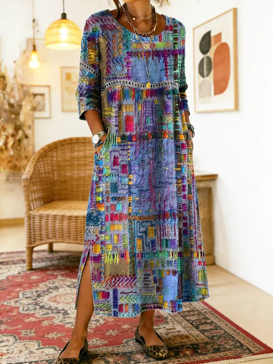 MANUELA | DENIM DRESS WITH ETHNIC PATCHWORK DETAILS