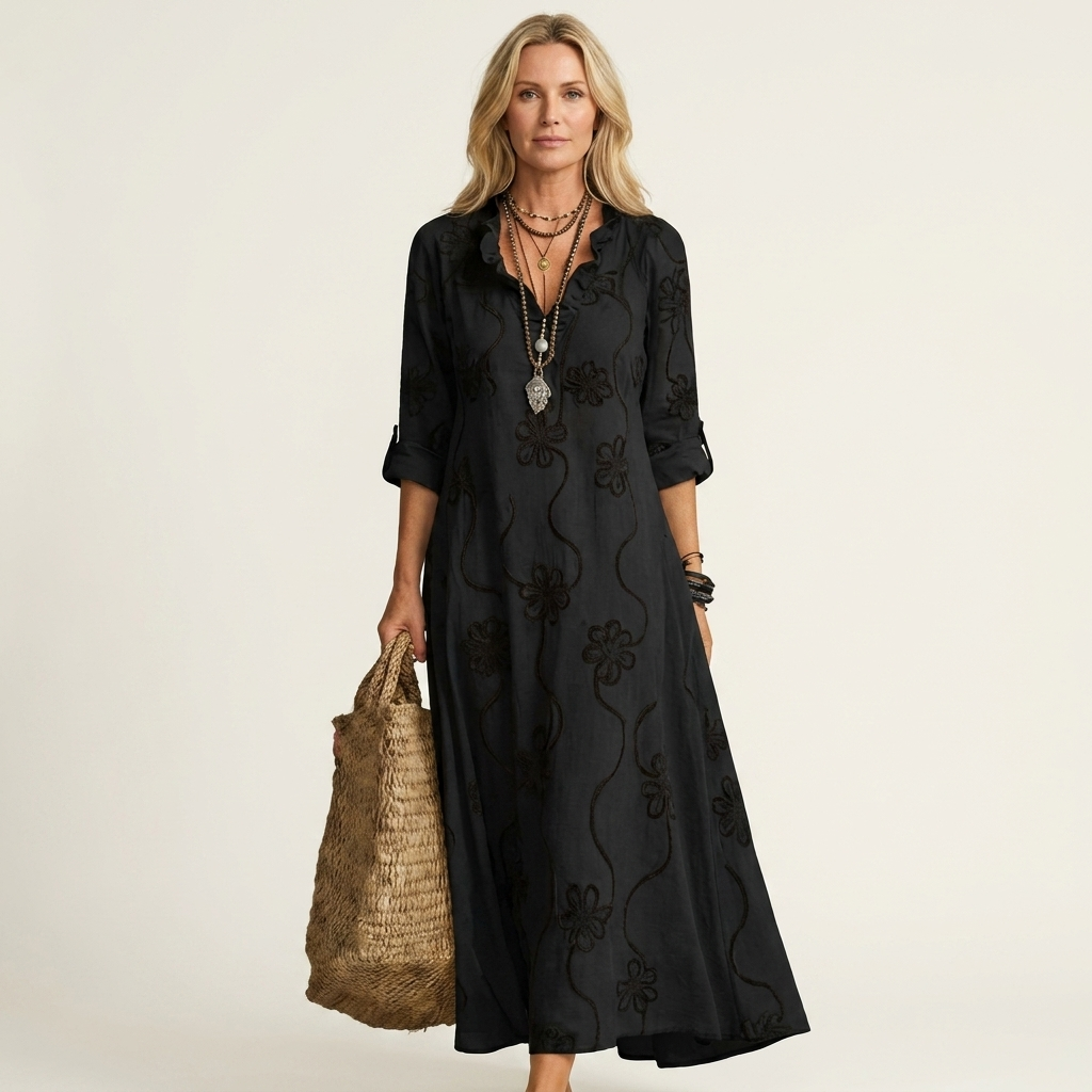 MARIAM | MAXI DRESS WITH TONAL FLORAL EMBROIDERY
