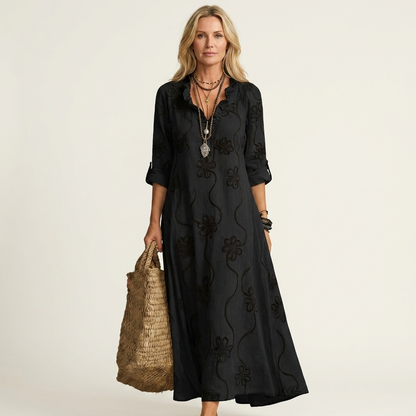 MARIAM | MAXI DRESS WITH TONAL FLORAL EMBROIDERY