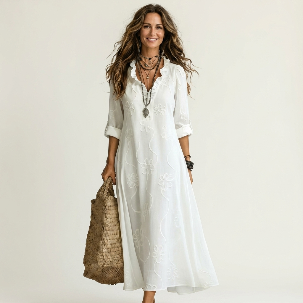 MARIAM | MAXI DRESS WITH TONAL FLORAL EMBROIDERY