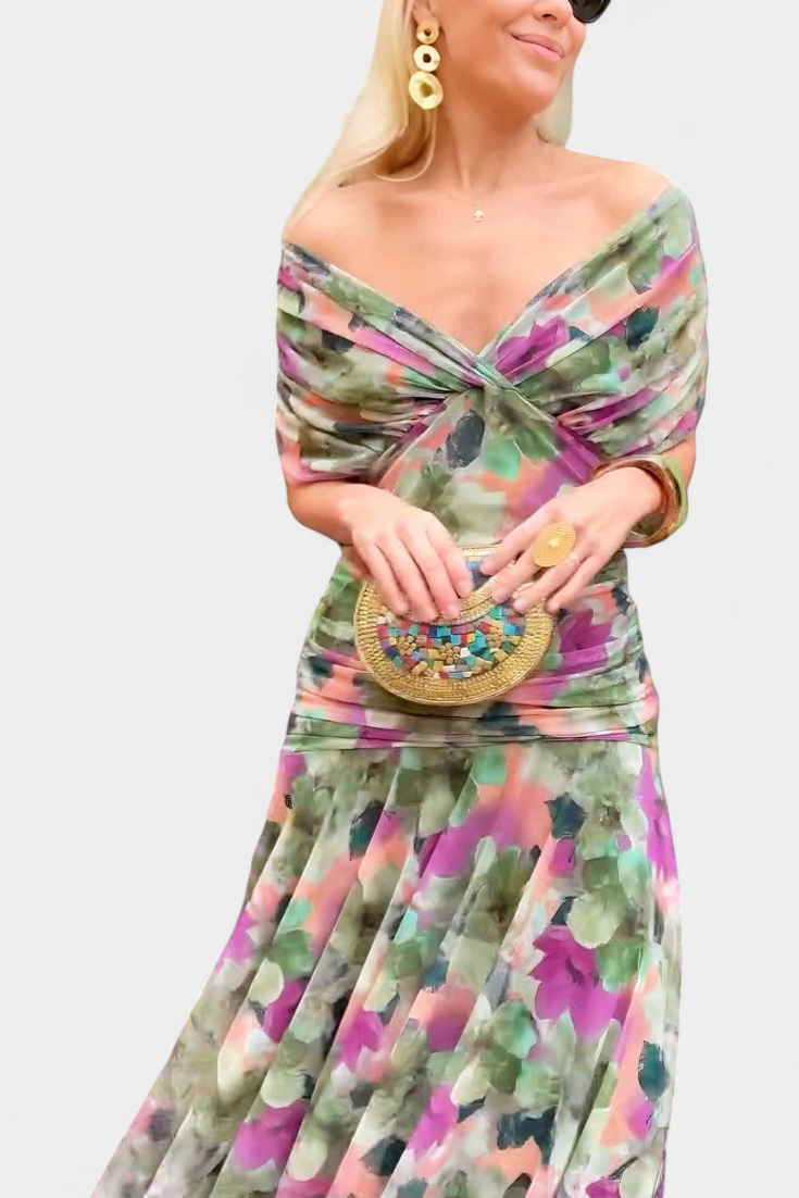 CLAIRE | ELEGANT LONG FLORAL V-NECK FLOW DRESS