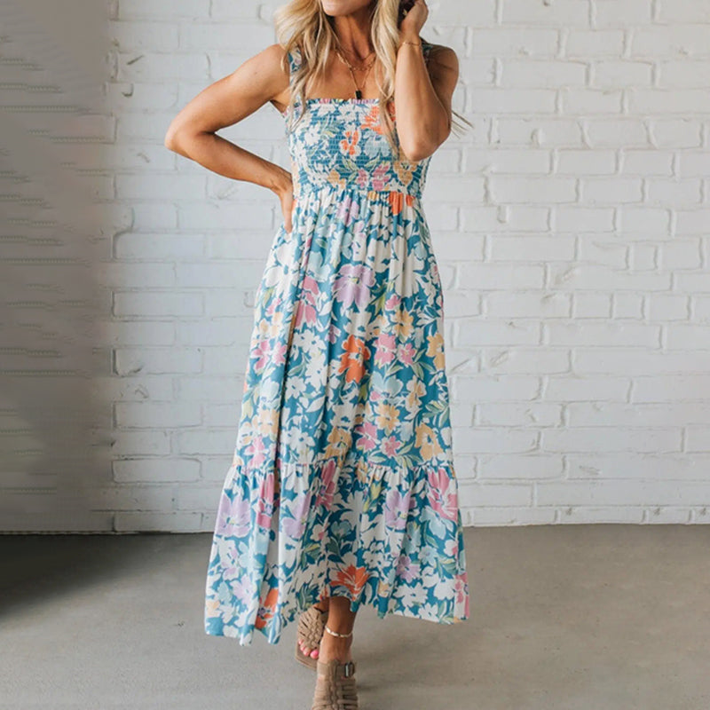 VIREYA | FLORAL MAXI DRESS SMOCKED BODICE ADJUSTABLE STRAPS