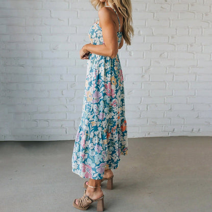 VIREYA | FLORAL MAXI DRESS SMOCKED BODICE ADJUSTABLE STRAPS