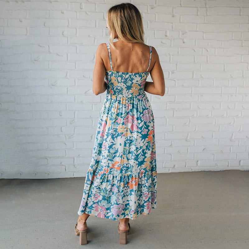 VIREYA | FLORAL MAXI DRESS SMOCKED BODICE ADJUSTABLE STRAPS