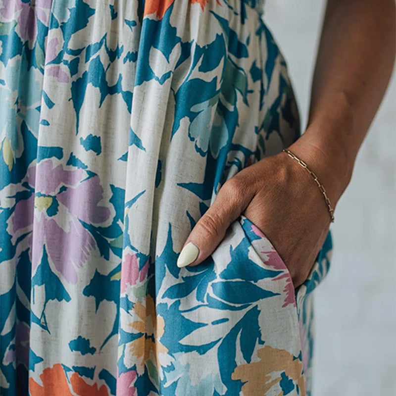 VIREYA | FLORAL MAXI DRESS SMOCKED BODICE ADJUSTABLE STRAPS